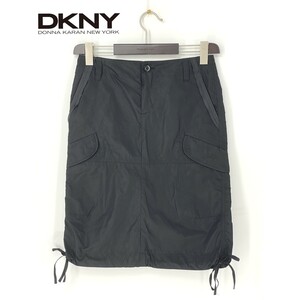 A9862/極美品 春夏 DKNY DONNA KARAN ダナキャラン サテン シルク使い ミモレ丈 膝丈 ドレープ フリル タイト スカートM程 6 黒 レディース