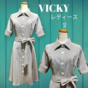 高級感!! 清楚で好印象な!! VICKY ビッキー ストライプ リボンベルト付き 半袖 ワンピース ドレス シャツワンピース