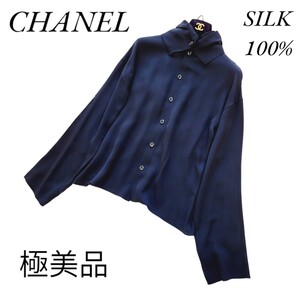 【とろとろ】極美品　シャネル　シルク100％ ハイネック　ボタンダウンシャツ　CHANEL　silk　 長袖 SHIRT