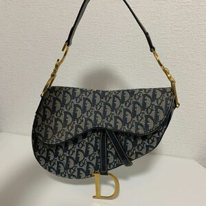 美品　Christian Dior ディオール　トロッター　サドル　ハンドバッグ　ワンショルダー　ネイビー系　ゴールド金具　