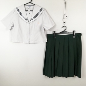 1円 セーラー服 スカート 上下2点セット 大きいサイズ 特大 夏物 緑3本線 女子 学生服 大分三重中学 白 制服 中古 ランクC EY9101