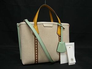 ■極美品■ TORY BURCH トリーバーチ ペリー キャンバス 2WAY ハンドバッグ トート ショルダー レディース ライトベージュ系 FD2673