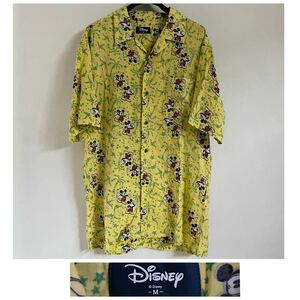Disney ディズニー　アロハシャツ　オーバーサイズ　ミッキー　ヴィンテージ 総柄 半袖　五分袖 レーヨン シャツ　イエロー　メンズ　M