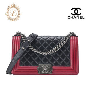 CHANEL シャネル ボーイシャネル マトラッセ チェーンショルダー ラムスキン 黒×赤（シルバー金具）レディースバッグ レディースショルダ