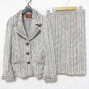 美品 MISSONI ミッソーニ ストライプ柄 モヘヤブレンド ニットジャケット+ひざ丈スカート セットアップ 48/42 マルチカラー ◆