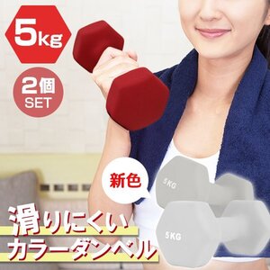 【2個セット/ライトグレー】滑りにくい カラー ダンベル 5kg 筋トレ エクササイズ 宅トレ シンプル ウエイトトレーニング ダイエット 新品 