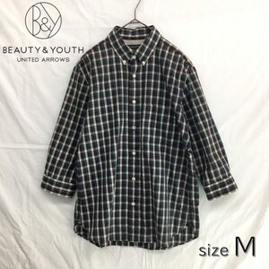 HZ9031★BEAUTY&YOUTH : 7分袖 ボタンダウンシャツ★M★紫/青 チェック柄 UNITED ARROWS