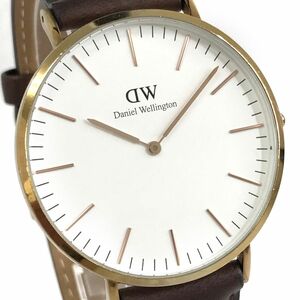 美品 Daniel Wellington ダニエルウェリントン DW 腕時計 クオーツ アナログ ラウンド ブラウン レザーベルト 2針 電池交換済 動作確認済