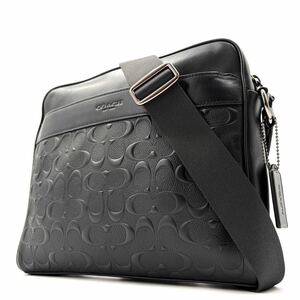 1円《 未使用に近い 》COACH コーチ ショルダーバッグ メンズ エンボス シグネチャー レザー 斜め掛け クロスボディ ロゴ ブラック 黒