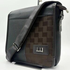 1円【美品・希少】dunhill ダンヒル ショルダーバッグ メッセンジャー 総柄 キャンバス 本革 ブラック 黒 ブラウン 茶 バイカラー メンズ