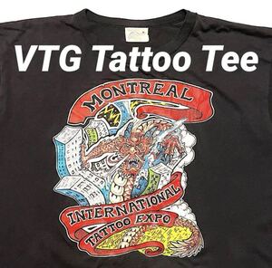 80s 90s ビンテージ タトゥーイベント Tシャツ 龍ドラゴン モントリオールタトゥー エキシビジョン MONTREAL TATTOO カナダ製(黒,XLサイズ)