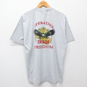 XL/古着 半袖 ビンテージ Tシャツ メンズ 00s イラク戦争 星条旗 ワシ クルーネック グレー 霜降り 24jun04 中古