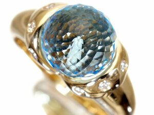 1円～【ジュエリー極】サマーブルー煌く 特殊カット大粒良質天然ブルートパーズ6.97ct＆ダイヤ0.11ct 高級K18YGリング k6899ko【送料無料】