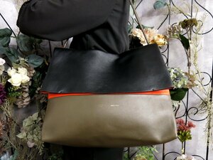 ●超美品●CELINE セリーヌ●オールソフト●カーフ レザー 本革●ショルダー バッグ●カーキ 黒 オレンジ●肩掛け●B5 書類 収納●Js49794