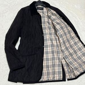 美品/XL相当◆ バーバリーブラックレーベル 極暖 BURBERRY BLACK LABEL キルティングダウン コート ジャケット ノバチェック レザー 黒