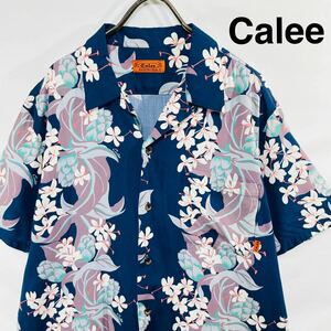 【極美品】 Calee キャリー 総柄シャツ アロハシャツ 半袖シャツ ネイビー XL 開襟シャツ マルチカラー アメカジ ストリート レーヨン 