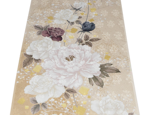 1547番　新品 正絹　振袖用サンプル地端切れ 約98㎝ 　紗綾形に花の地模様入　肌色と薄茶色の暈しの地色に牡丹と薔薇の模様