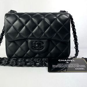 美品　CHANEL シャネル ミニマトラッセ ココマーク ラムスキン斜め掛け　 チェーンショルダーバッグ　マットブラック　黒　１円スタート