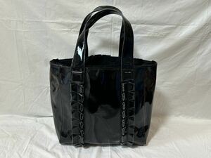 ●K334● ランバンオンブルー LANVIN en Bleu トートバッグ - エナメル 合皮 ブラック フリル バッグ