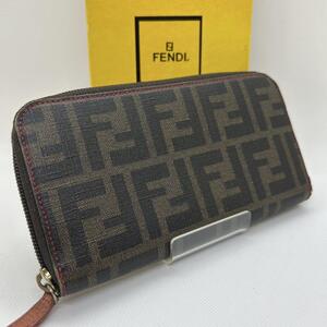 【極美品】FENDI フェンディ 長財布 ラウンドファスナー PVC×レザー ズッカ柄 ブラウン 茶 メンズ レディース ユニセックス