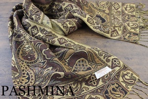 新品【パシュミナ Pashmina100％】金糸織 ペイズリー薔薇柄 ブラウン×ゴールド BROWN×GOLD 茶色×金大判 ストール