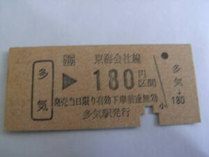 紀勢本線　多気→東海会社線180円区間　昭和62年7月26日　多気駅発行　ＪＲ東海