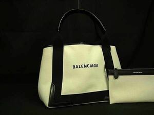 1円 ■美品■ BALENCIAGA バレンシアガ 339933 ネイビーカバスS キャンバス ハンドバッグ トートバッグ アイボリー系×ブラック系 FD4477