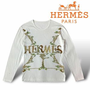 p32 HERMES エルメス 長袖 Tシャツ トップス カットソー ロン毛 ホワイト ロゴ プリント 正規品 レディース ヴィンテージ 