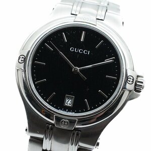 1円 稼働 GUCCI グッチ 9040M QZ クオーツ デイト 3針 黒文字盤 SS 腕時計 メンズ ラウンド ブランド ウォッチ Watch 0422220240604