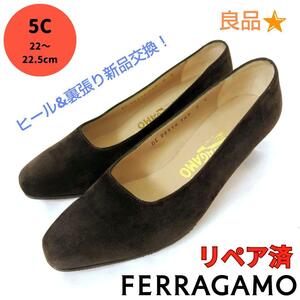 良品フェラガモ【Ferragamo】シンプル スエード パンプス濃茶色