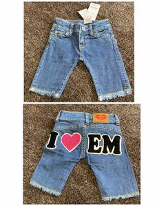 新品タグ付アースマジック　ダメージデニムパンツ　さがら刺繍ロゴ110 8295円　ケツロゴ　JENNI RONI Levi