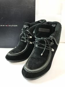 (D) TOMMY HILFIGER トミーヒルフィガー スエード レザー ブーティー 7.5 ブラック ショートブーツ 箱付き