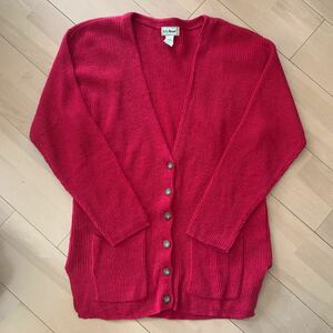 90s【L.L.Bean】エルエルビーン 長袖 ニット カーディガン レディース 無地 リネン 赤 ピンク系 Sサイズ ロング 古着 香港縫製