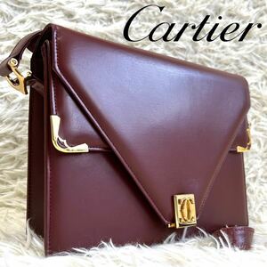 1円 【美品】Cartier カルティエ ショルダーバック ボルドー マストライン 斜め掛け クロスボディ ゴールド金具 ロゴプレート レザー 革