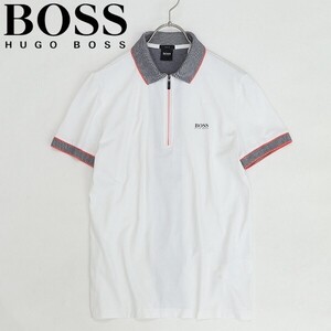 ◆HUGO BOSS ヒューゴボス SLIM FIT ストレッチ ロゴプリント 切替 コットン ジップ ポロシャツ S