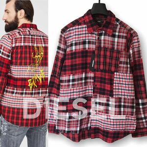 【最終価格】新品 定価2.7万 DIESEL ディーゼル S-MORRIS SHIRT バックプリント チェック柄 パッチワーク 長袖 シャツ 赤黒 M