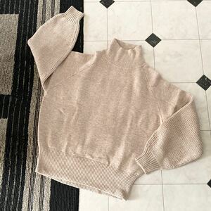 美品 moussy マウジー レディース 長袖ハイネックニット セーター ベージュ L/BEG1 定価7700円 FREE タートルネック トップス ウール