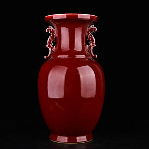 ▽鴻▽ 清 乾隆年製款 郎紅釉 雙龍耳 賞瓶 古陶瓷品 置物 古賞物 中国古玩 中国古美術