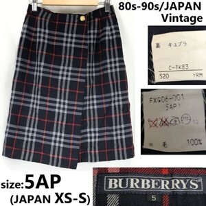 80s-90s/三陽商会製/Vintage★バーバリー/BURBERRYS★ノバチェック柄/ラップスカート/膝丈【size-5/XS-S/紺系/navy】Skirts◆pBH903