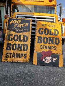 店舗引き取り限定 142x89cm 大型看板 2枚セット ヴィンテージ USA GOLD BOND STAMPS / アメリカ ガレージ ジャンク シャビー 店舗什器