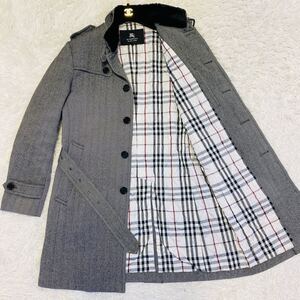 【美品/L】バーバリーブラックレーベル BURBERRY BLACK LABEL コート ラビットファー 取外し可 ベルト ノバチェック ウール ヘリンボーン