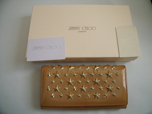 $ 美品 $◆ JIMMY CHOO◆ ジミーチュウ◆ 星 スター モチーフ スタッズ付き エナメル レザー◆ L字ファスナー 長財布◆ キャラメルブラウン