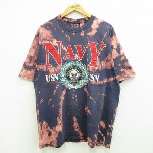 XL/古着 半袖 ビンテージ Tシャツ メンズ 90s ミリタリー ネイビー NAVY USN 大きいサイズ コットン クルーネック 紺他 ブリーチ加工 2