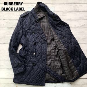 超希少◎バーバリーブラックレーベル トレンチコート キルティング ベルト 牛革 ノバチェック 紺 ネイビー メンズ BURBERRY BLACKLABEL