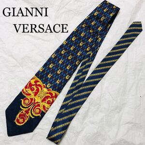 GIANNI VERSACE ジャンニヴェルサーチ　ネクタイ　メデューサ　ギリシア雷文　菱形　シルク100% イタリア製　ブルー×レッド×ゴールド