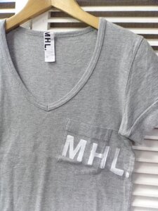 MHL,☆マーガレットハウエル コットン ロゴ Tシャツ 1(M)グレー Vネック ポケット付 カットソー エムエイチエル