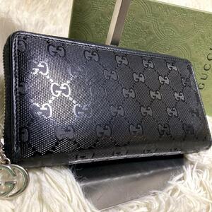 極美品/入手困難/光り輝くインプリメ●GUCCI グッチ メンズ 長財布 ラウンドファスナー ブラック 黒 GG柄 インターロッキング レザー×PVC