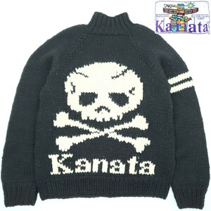 スカル柄◆Kanata◆XL位カナダ製カウチンセーター黒ブラック最高級ニットカナタ骸骨ドクロウールジャケットジップアップカーディガン 897M