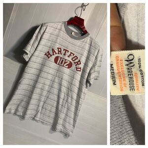 WAREHOUSE ウェアハウス　ウエアハウス　日本製　不規則ボーダー柄　HARTFORD 102 カレッジプリント　？　半袖　Tシャツ　M 霜降りグレー