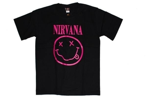 ニルバーナ（NIRVANA）ロックバンドＴシャツ、Ｌサイズ、超特価、黒×ピンク